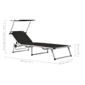 vidaXL Folding Sun Lounger with Roof Aluminum and Textilene Black