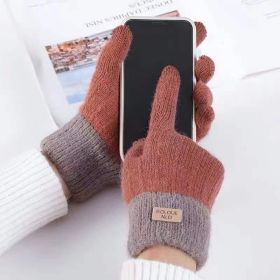 Winter Mittens Brown Striped Embroidered Warm Cycling Spot Universal Cartoon Gloves Ins (Color: Brown)