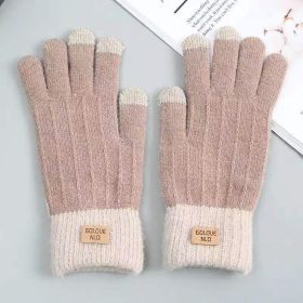 Winter Mittens Brown Striped Embroidered Warm Cycling Spot Universal Cartoon Gloves Ins (Color: Khaki)